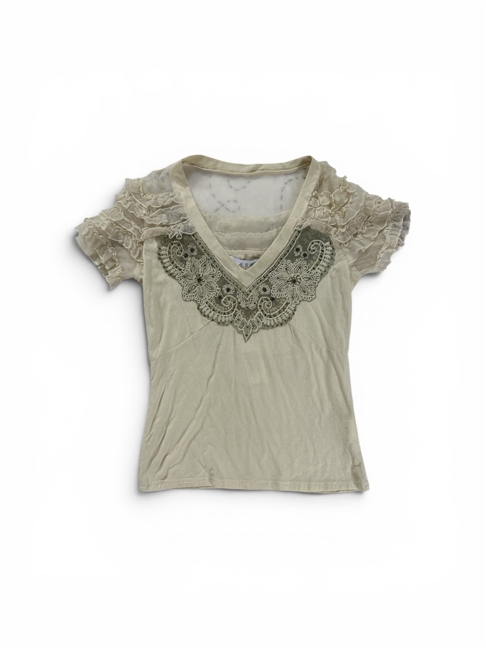 Ritu Kumar Beige V-Neck Short Sleeve Top with Lace Appliqué